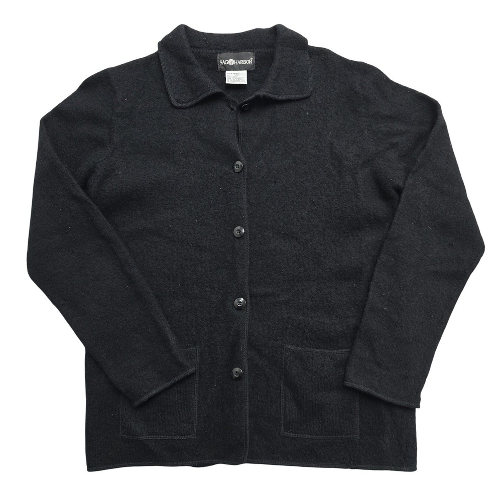 Sag Harbor Womens Black 100% Wool Button Front Collared Cardigan Sweater Small